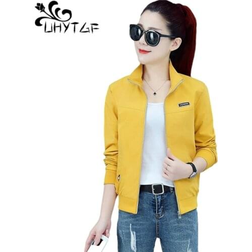 UHYTGF female jacket Fashion zipper stand collar casual spring autumn coat women solid color wild loose short plus size tops 955