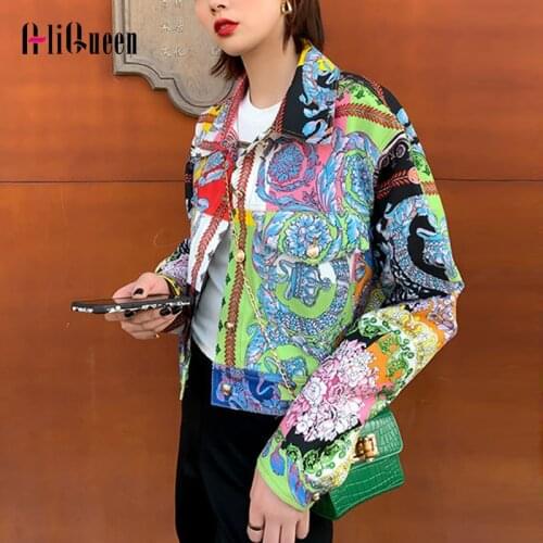 Women Autumn Vintage Floral Print Short Denim Coats Jacket Streetwear Female Long Sleeve Jean Jacket Casual Crop Tops Outwear