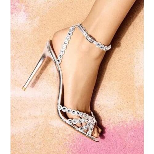 New Woman Nude Sliver Black Red Rivets Rhinestone Thin Heels Sandals Female Open Toe Crystal French Wedding Shoes Small Size 33