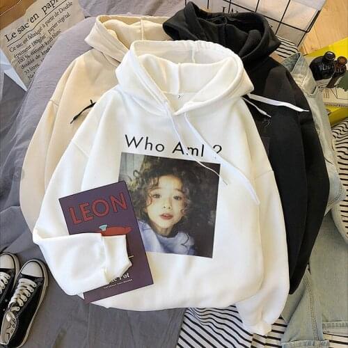 Ladies Hooded Pullover Sweatshirt Women Autumn Winter New Loose Plus Velvet Wild Print Character Pullover Sweatshirt Student