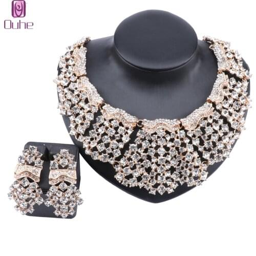 Women Accessories Wedding Bridal Gold Color Statement Crystal Pendant Necklace Earring Party Boho Jewelry Set