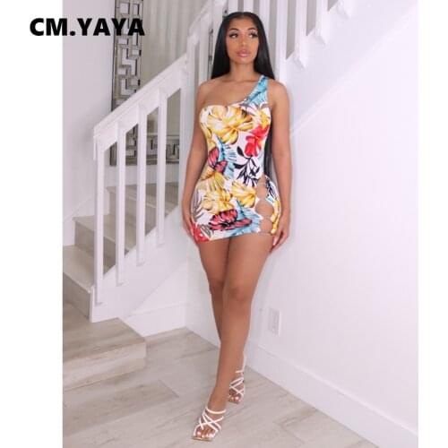 CM.YAYA Women Mini Dress Print One Shoulder Sleeveless Hollow Out Strechy Bodycon Dresses Sexy Night Club Vestidos Summer Outfit