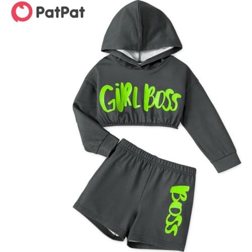 PatPat 2-piece Toddler Girl Letter Print Hoodie Pullover and Elasticized Shorts Set