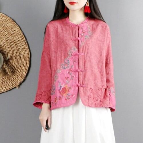 2021 Vintage Embroidery Chinese Traditional Cotton Linen Hanfu Blouse Chinese Style Clothing Women Tops Full Sleeve Shirt 12336