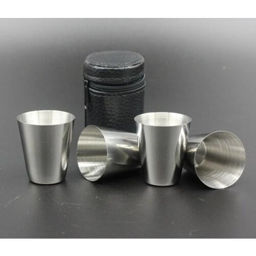 4 Pcs Polished 30ML Mini Stainless Steel Liqueur Glass Shot Glass Cups Wine Beer Whiskey Cup Leather Cover Bag Set