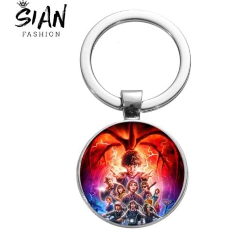SIAN Stranger Things Poster Keychain Supernatural American TV Figures Children Glass Round Pendant Key Chain Key Rings for Fans