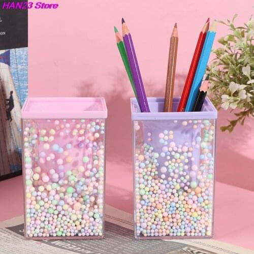 Creative Desktop Large Capacity Squar Shape Pencil Case Cute Foam Ball Style Transparent Pen Holder Decoration Storage 2021