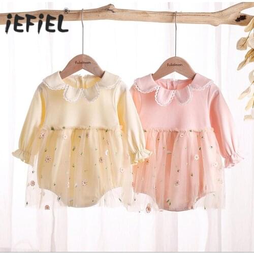 Baby Girls Jumpsuit Newborn Spring Autumn Vintage Embroidery Floral Princess Bodysuits Kids Clothes Baby Girls Mesh Tutu Dress