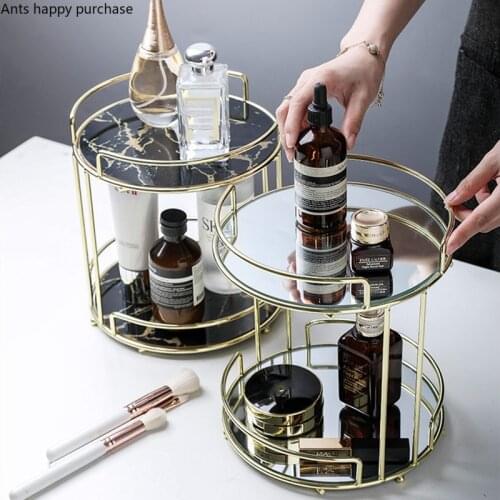 Nordic Style Double Storage Rack Glass Plate Metal Shelf Home Use Cosmetic Organizer Dressing Table Desktop Rotatable Rack