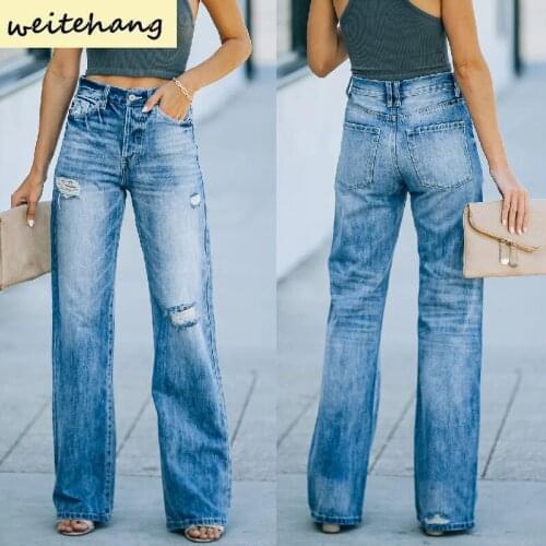 Summer Jeans Woman Casual Wide-leg Pants Mid-waist Women Wash Water Ripped Denim Trousers Fashion Straight Pants Loose Jeans 403