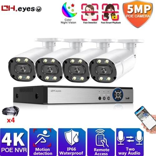 H.265 4K POE 4CH CCTV system outdoor Camera Waterproof Bullet Color Night vision surveillance Two-way Audio security kit ONVIF