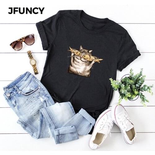 JFUNCY Funny Cats Graphic Tees Women Tops 100% Cotton Summer T-shirt Plus Size Short Sleeve Woman Shirts Lady Casual Tshirt