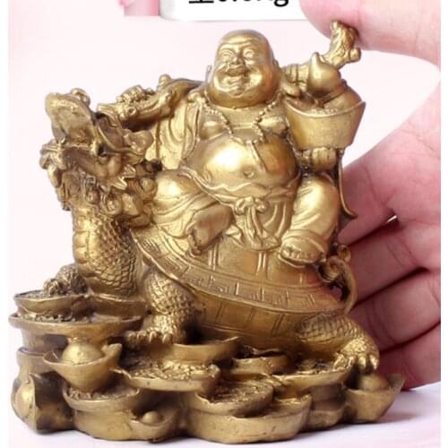 Chinese Buddhism Bronze Brass Wealth Auspicious Dragon turtle Maitreya buddha Statue about 12x12x8cm