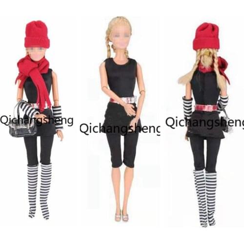 1/6 Classic Black Jumpsuit Outfits Set For Barbie Doll Clothes Red Hat Scarf Sleeves Bag Socks 11.5" Dolls Accessories Kids Gift