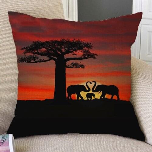 Beautiful Africa Sunset Scenery Animals Baby Giraffe Elephant Shadow Sofa Throw Pillow Case Orange Cotton Linen Cushion Cover