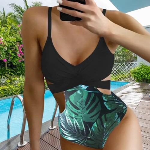 Beachwear Triangle Bathing Ruffle Sexy Leaf Print Deep V Neck Adjustable Bathing Suit Backless Bodysuit S/M/ XL/2XL/ 3XL Size