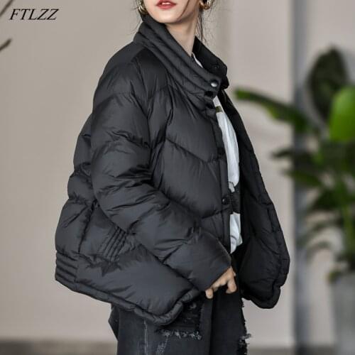 FTLZZ New Winter Jacket Stand Collar Single Breasted Loose Thick Warm White Duck Down Coat Black Windproof Long Sleeve Outwear