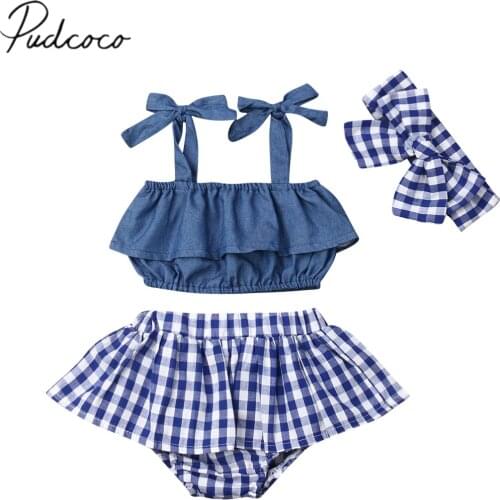 2019 Baby Summer Clothing Infant Baby Girl Sleeveless Sling Ruffle Vest Tops+Plaid Shorts+Headband 3PCS Sets Outfit Sunsuit 0-3Y