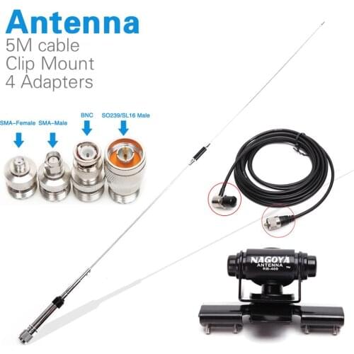 Nagoya NL-770R Walkie Talkie Mobile Radio Antenna PL259 +5M Coaxial Cable Clip Mount +SMA-F SMA-M BNC SL16 Connector Adapter
