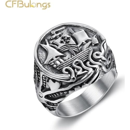 CFBulongs Fashion Cool Silver Color Octopus Sailing Mens Ring Stainless Steel Retro Biker Finger Ring High Quality Men Jewelry