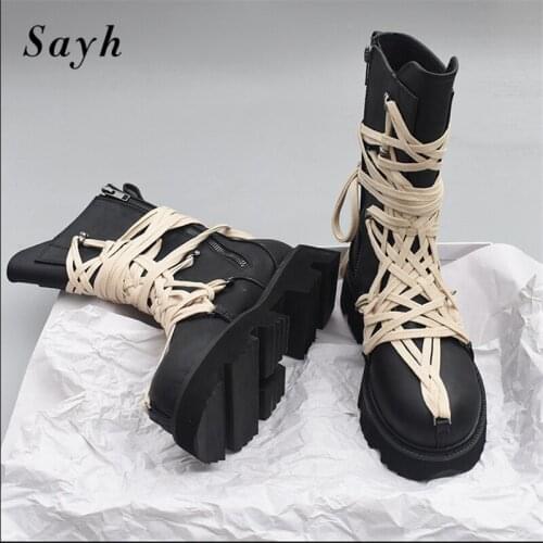 Fashion Women Boots Black Leather Lace Up Platform Chunky Heel Bandage Mid Calf Boots Luxury Brand Design Zipper Winter Boots