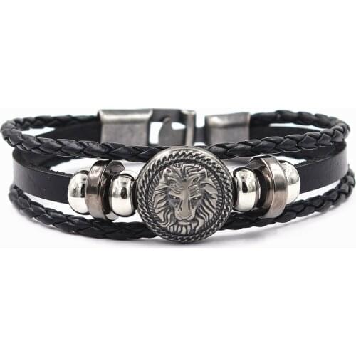 Fashion Lion Head Charm Magnetic Black Men Bracelet Leather Genuine Braided Punk Rock Bangles Jewelry Accessories Friend