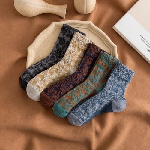 5 Pairs Womens Socks Set Autumn Winter Middle Tube Breathable Retro Leopard Calcetines Pure Cotton Street Style Korean Fashion