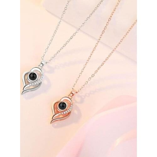 I Love You in 100 Languages Rhinestone Inlaid Hollow Heart Projection Necklace