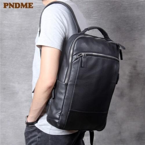 PNDME high quality soft cowhide mens womens backpack casual travel genuine leather large capacity work black laptop backpack
