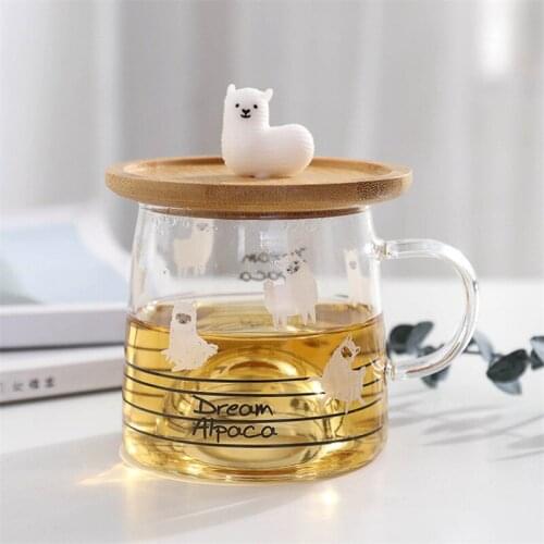Nordic Cute 3D Alpaca Glass Mug with Bamboo Lid Heat Resistant Transparent Office Milk Coffee Tea Breakfast Cup Drinkware Gifts