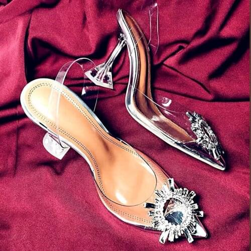 Sexy Ladies Pure Rhinestones Transparent PVC Sandal Crystal Cup High-heeled Woman Lucency Pointed Toe Party Diamonds High Heels