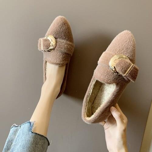 Warm Boat Shoes shallow mouth Winter Fur Women Loafers Pointed Slip on Flat Shoes Comfortable Woman Flats Zapatos Mujer U15-65