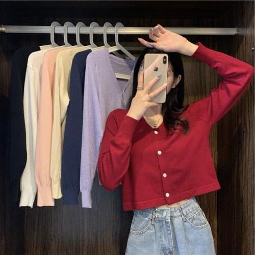 All-match Single-breasted V-neck Knitted T-shirt Womens Slim Long Sleeved Bottoming Shirt Crop Top