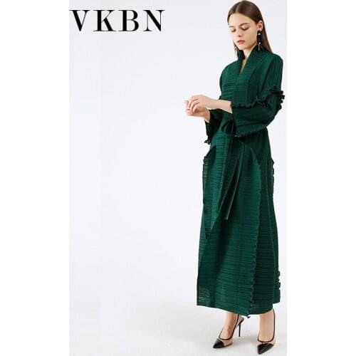 VKBN 2021 Spring Autumn Dress Women Ruched Casual V-Neck Ruffle Long Sleeve Yellow Green Oversize Party Maxi Dresses for Women