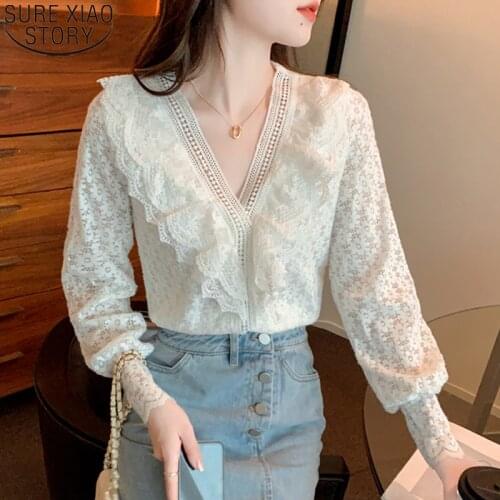 New French Style Sweet Lace Blouse White Apricot Hollow Shirt Women Blouses Autumn Long Sleeve V-neck Ruffles Tops Shirts 17251