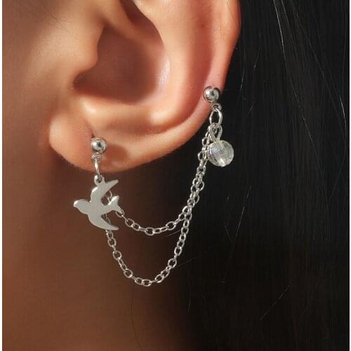 Retro Simple Swallow Stud Two Hole Piercing Earrings For Women Metal Punk Double Ear Hole Earrings Tassel Chain Jewelry Gifts