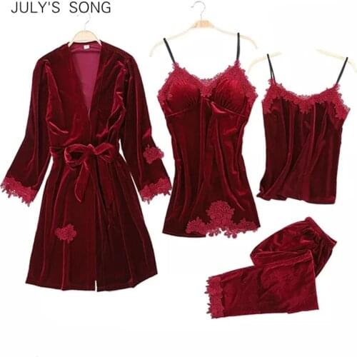JULYS SONG Women Winter Velvet 4 Piece Sexy Pajamas Set Dressing Gown Lace Sling Shorts Warm Robe Sleepwear