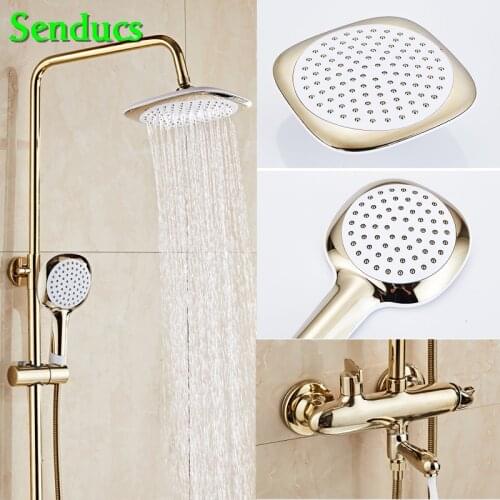 Senducs Gold Bathroom Shower System Hot Sale Brass Bathroom Shower Faucet European Style Polished Gold Shower Set
