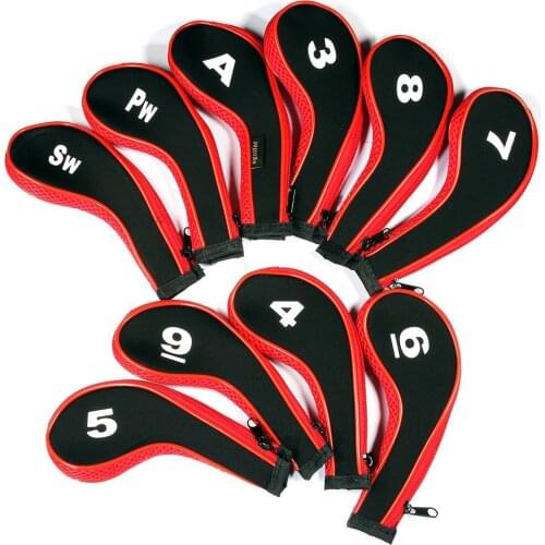High Quality 10Pcs Rubber Neoprene Golf Head Cover Golf Club Iron Putter Protect Set Number Printed with Zipper Long Neck