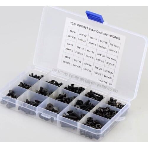 460pcs M3/4/5 black high-strength countersunk hexagon socket screw with nut combination set