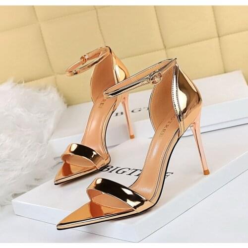 Women Patent Leather Pointed Toe Stiletto Ankle Strap High Heel Sandals Ladies Evening Party Dress Heel Shoes Gold Champagne
