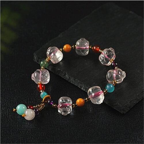 Elegant Lucky Pink Quartz Beads Bracelet For Women Rose Quartz Pig Shape Bracelets Men Jewelry Charms Lovers' Gift Femme