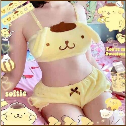 Woman Plush Bra Panties Set Japanese Kawaii Cartoon Animie Underwear Cute Lingerie Women Velvet Pajamas Suit Tube Top Shorts Set