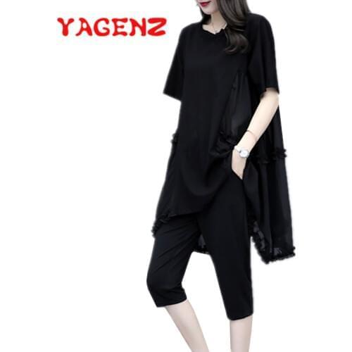 YAGENZ Summer Suit Loose Black Two Piece Set Women Short sleeve Patchwork Long Tops And Pants Fashion Plus size 2 Piece Set 771