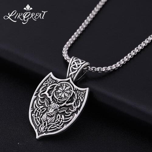 LIKGREAT Animal Deer Shield Pendant Necklace for Men Vintage Punk Viking Wicca Jewelry Vegvisir Compass Necklace Amulet Gifts