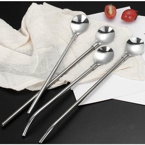 Long Straight Elbow Tube Straw Spoon Stainless Steel Silver Portable Coffee Teaspoon Kitchen Bar Drinking Accessories Dinnerware