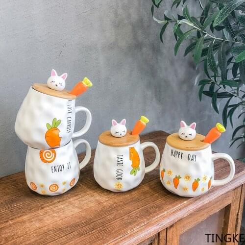 Cute girl home rabbit ceramic mug with lid and spoon cartoon carrot breakfast milk cup couple gift
