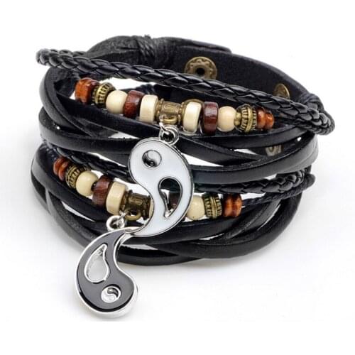 Fashion Popular Black Leather Bracelets Enamel Taiji Gossip Pattern Cowhide Bangles Adjustable Handmade Lovers Bracelet Jewelry