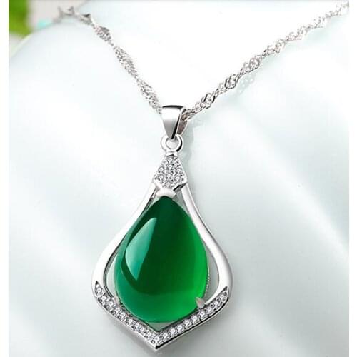 Natural Pendant Female Green Sterling Silver Clavicle Jewelry Necklace set