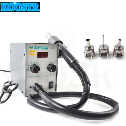 Newest 220V QUICK 957DW+ LED Display Adjustable Hot Air Heat Gun With Helical Wind 400W SMD rework station With 3 Air Nozzles